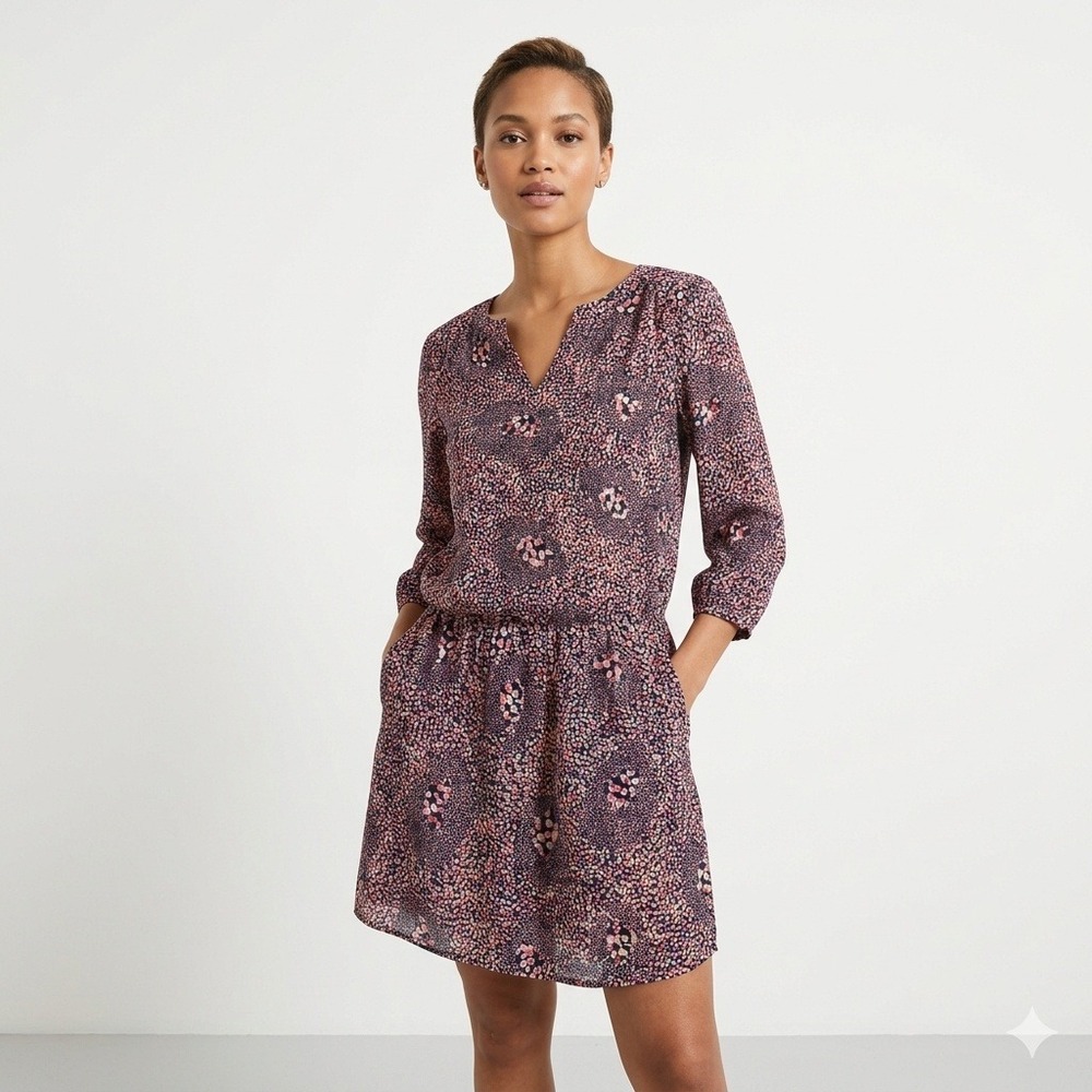 HM Womens Abstract Pointillist Print Mini Dress Navy Pink Orange V-Neck Size 4‎